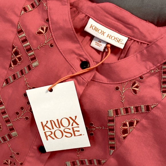 NEW! MED Pink Know Rose Embroidered Half Button Front Mid Sleeve Oversized Top - Picture 6 of 7